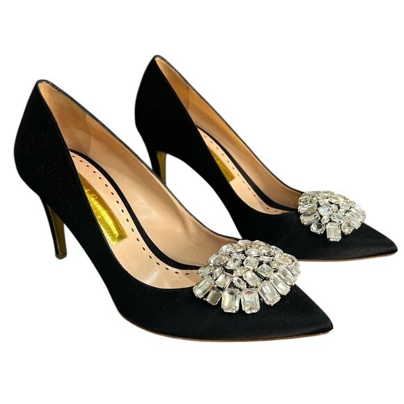 Rupert Sanderson Shoes 7 1/2 Crystal Black Rhinestone Satin Heels Pumps 38 1/2